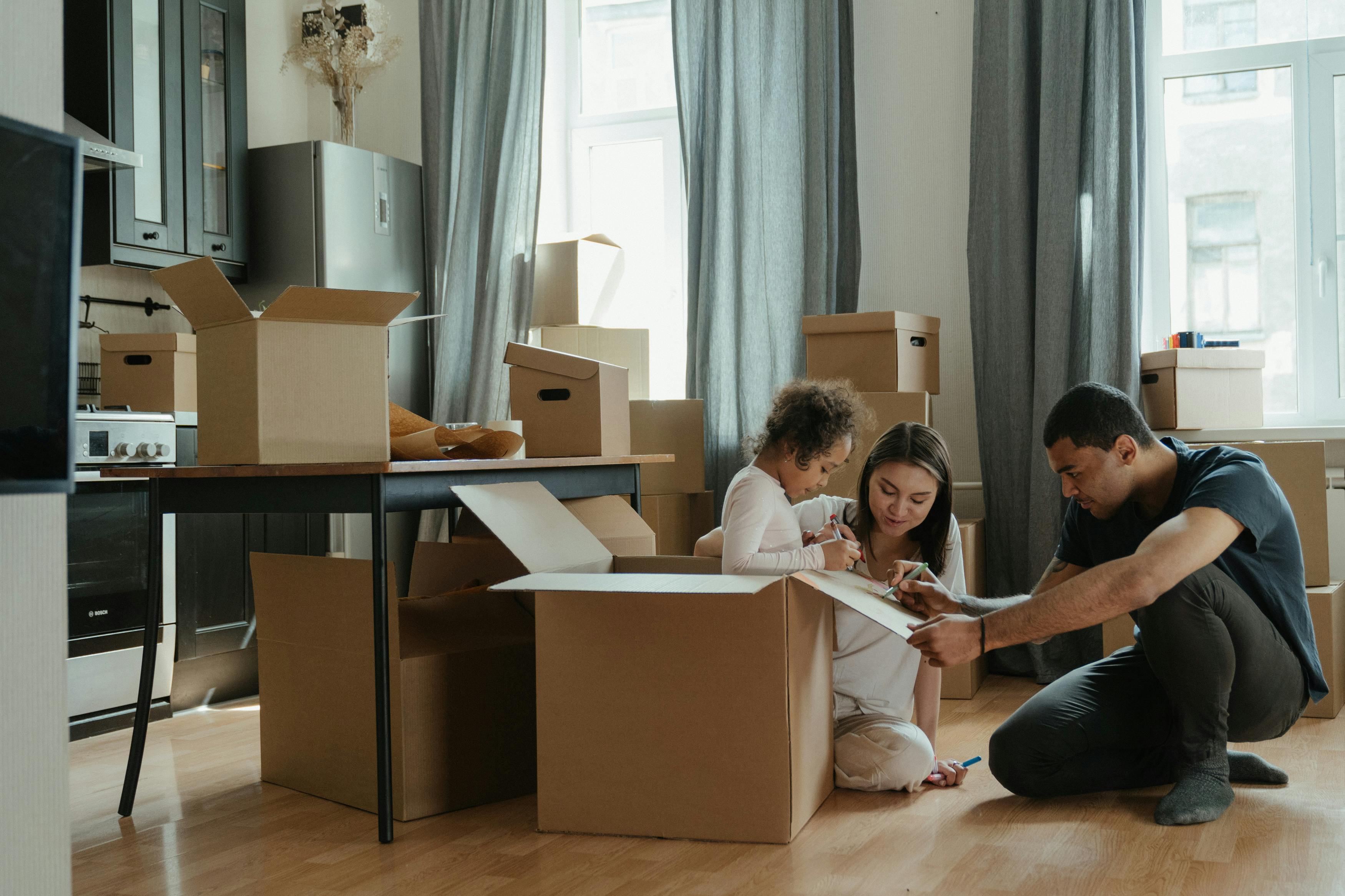 Family with storage boxes